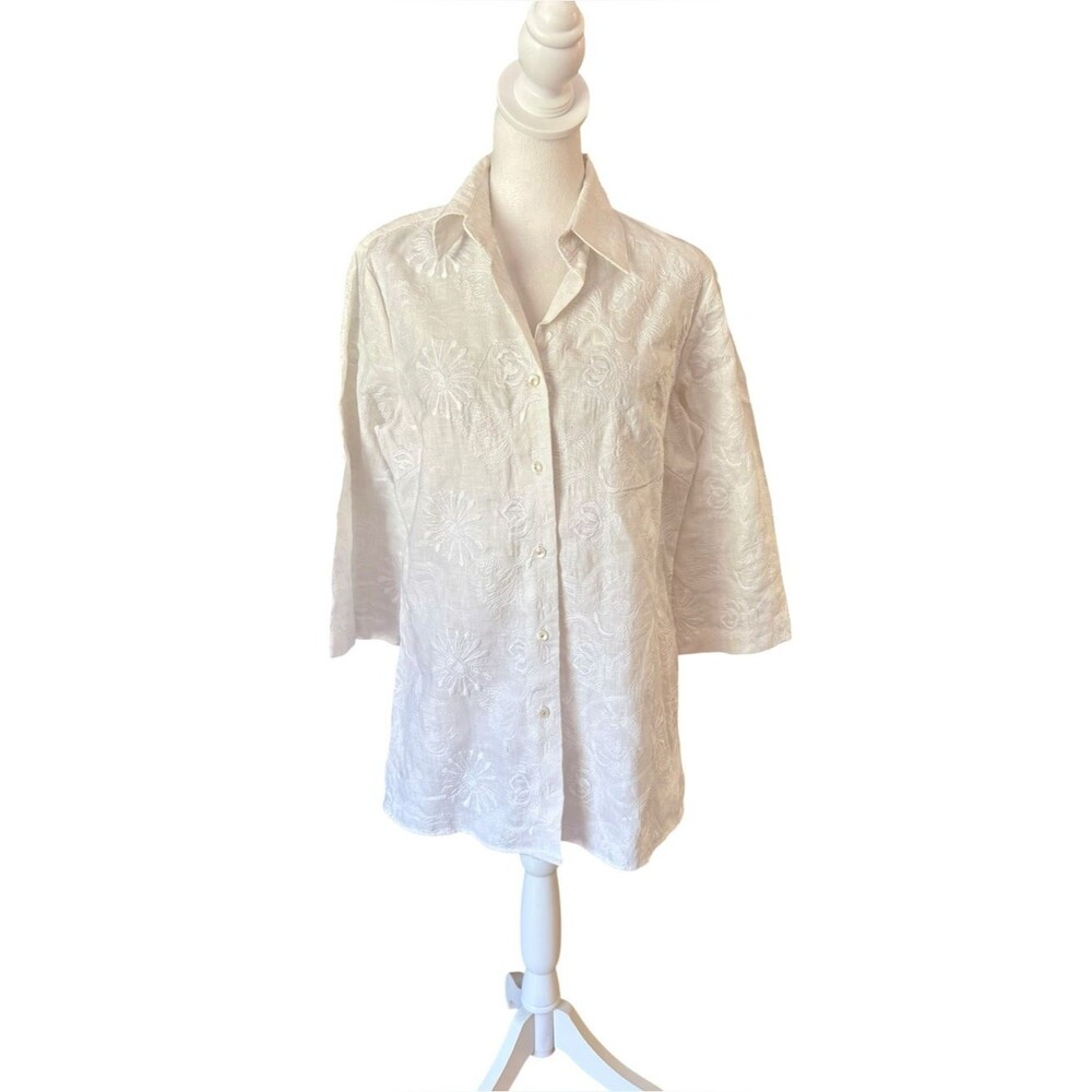 Peter Martin White Linen Floral Embroidered Button Up Shirt Womens Size Medium
